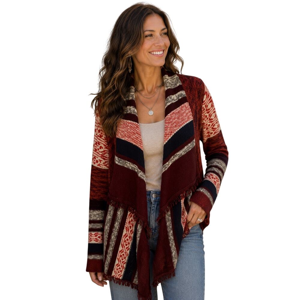 Natural Reflections Southwest Cardigan Womens Medium Burgundy Aztec Chunky Knit